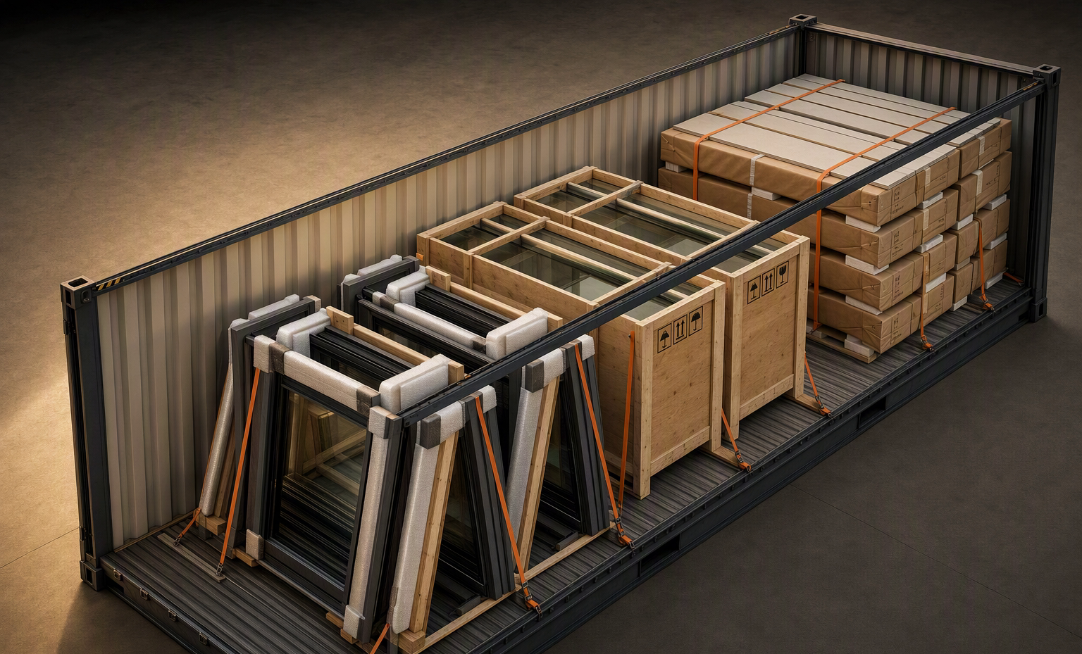 40HQ container mixed-loaded with windows and cabinetry