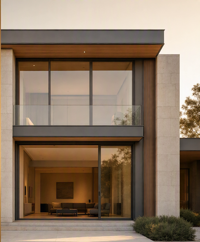 Delivered villa facade at golden hour
