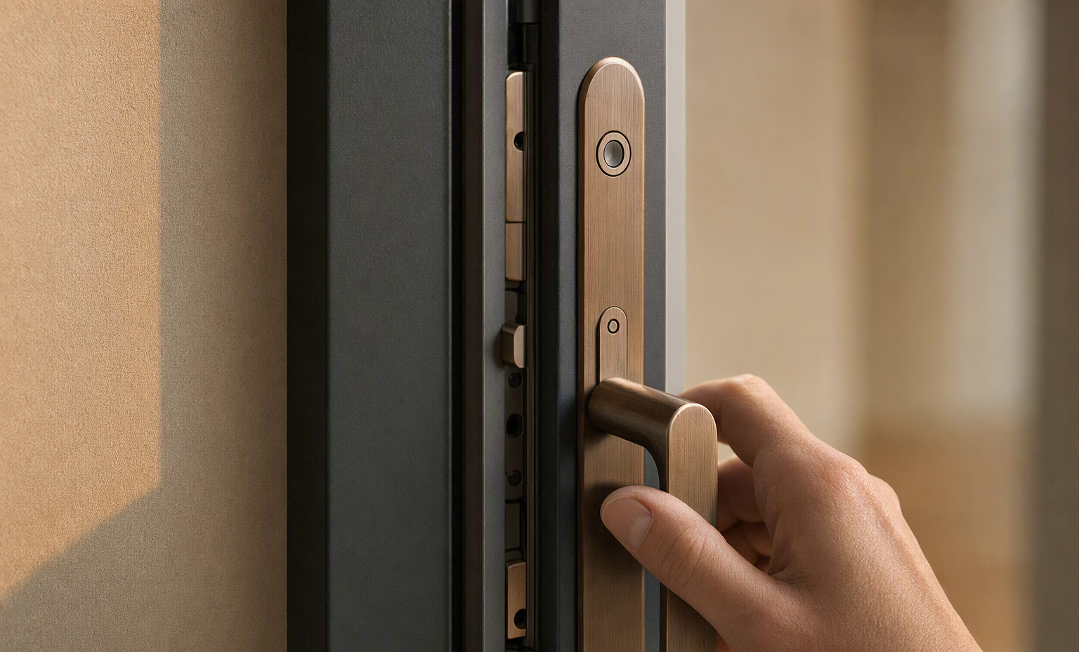 Slim-track sliding door bronze handle detail